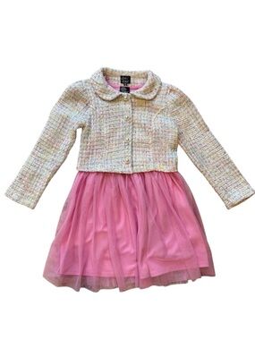 Girls Pink Tulle Dress with Tweed-Style Jacket